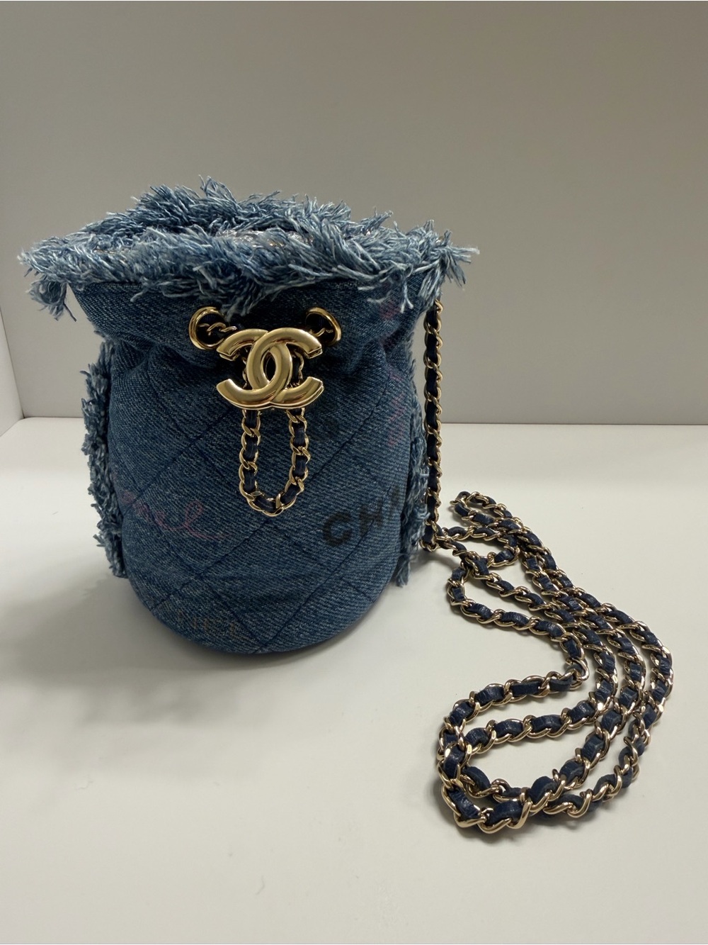 Chanel Gabrielle Mini Blue Denim Bucket Bag with Gold/Leather Chain
